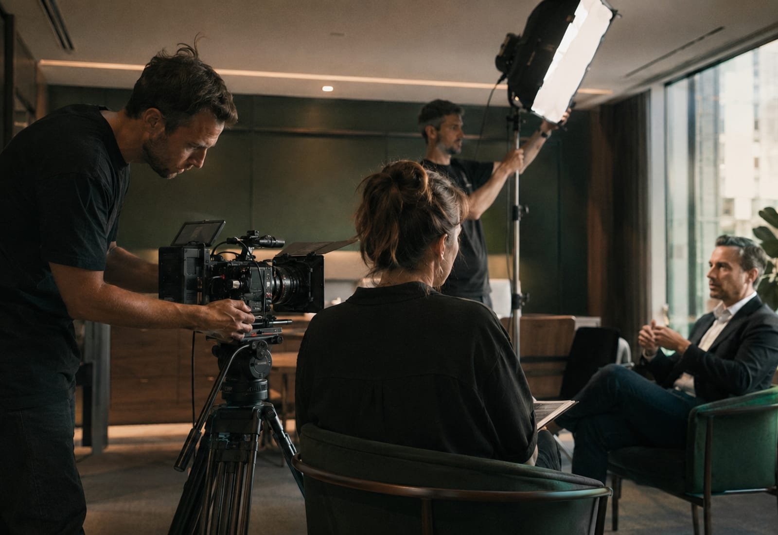 Video production crew preparing a business interview